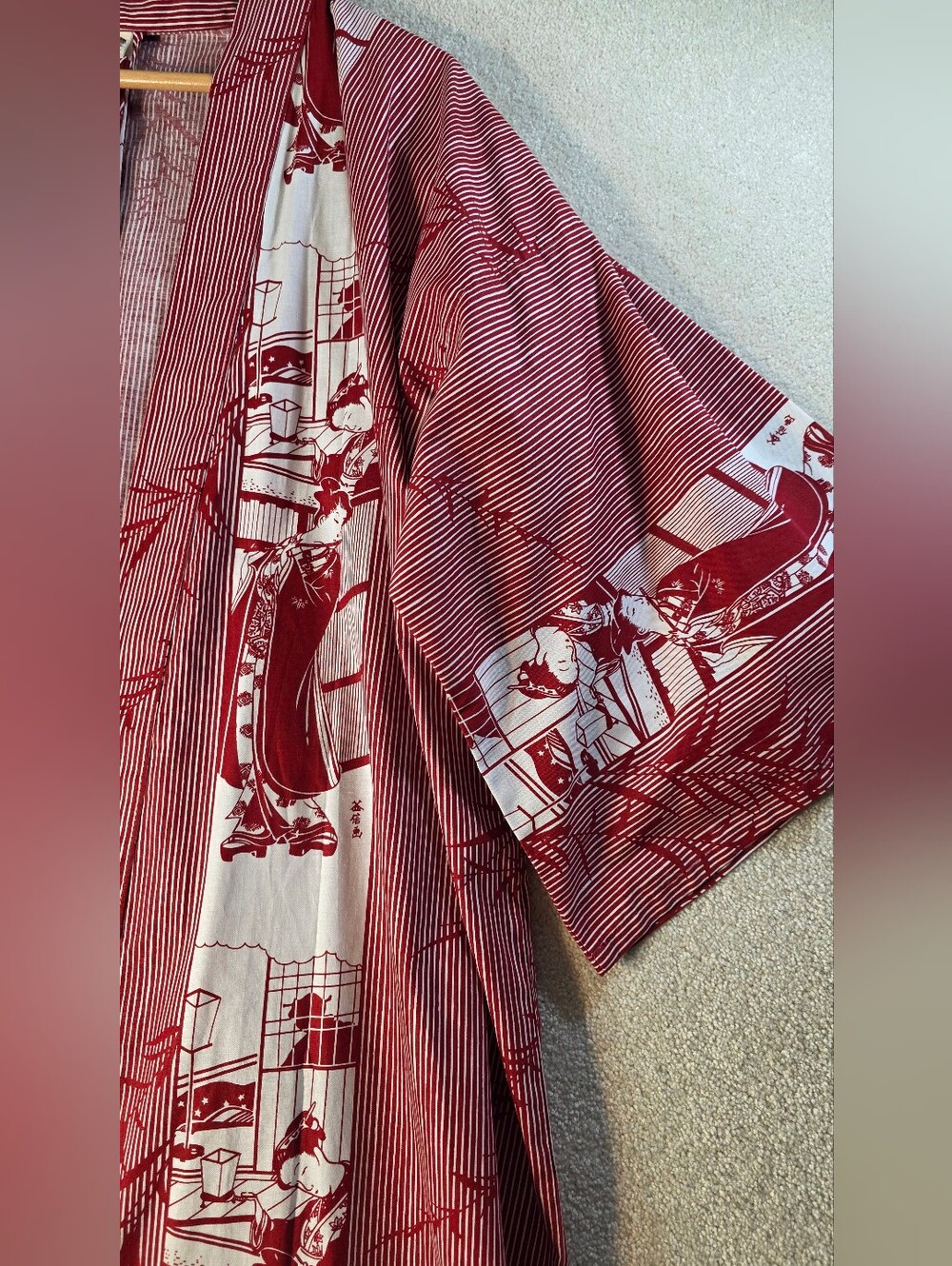 Kimono Made In Japan Red/White Striped Geisha Midi Length Lightweight OS NWOT